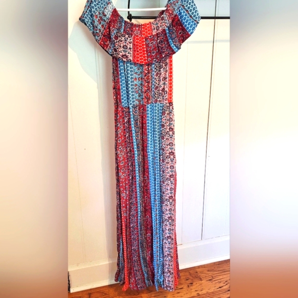 Xhilaration Red & Blue Patchwork Maxi Dress Size Small Very Good Condition